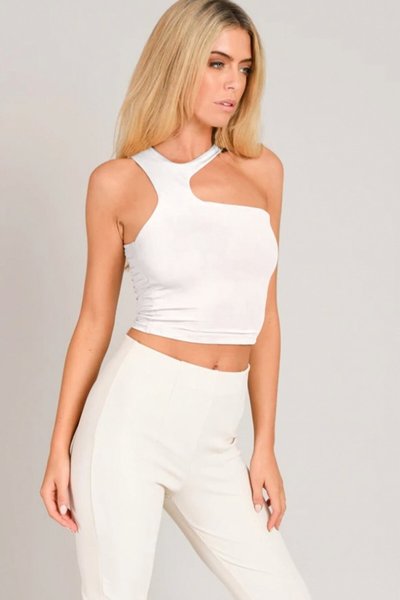 Asymmetric Halter Neck Crop Top - White
