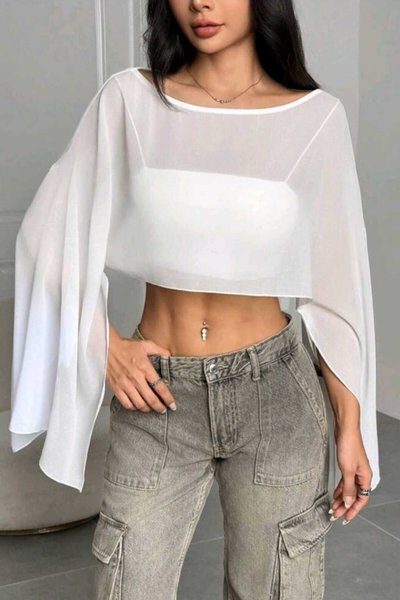 Cropped Draped Tulle Batwing Sleeve Blouse - White