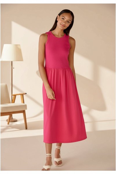 Long Flared A-line Linen-Look Dress - Fuchsia Pink