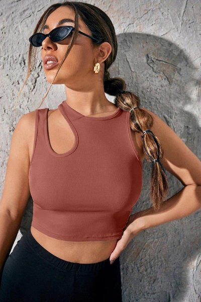 Drop Cut Ribbed Strappy Crop Top - Coffee