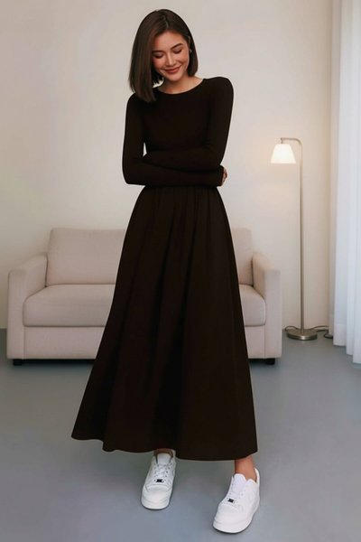 Maxi A-Line Flared Long-Sleeved Dress - Dark Brown