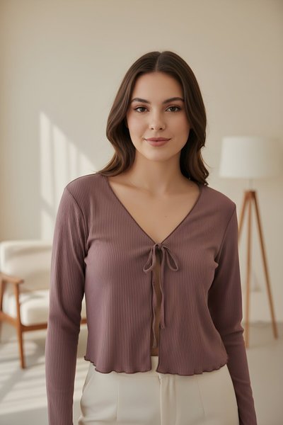 Long Sleeve Ribbed Tie-Up Detail Blouse - Dark Brown