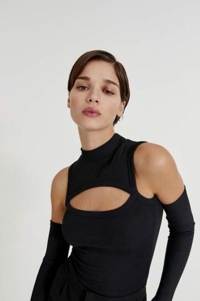 Turtleneck Open-Shoulder Detail Blouse - Black