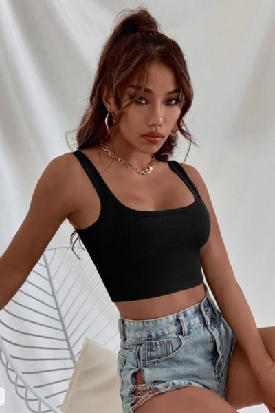 Cropped Strappy Square-Neck Top - Black
