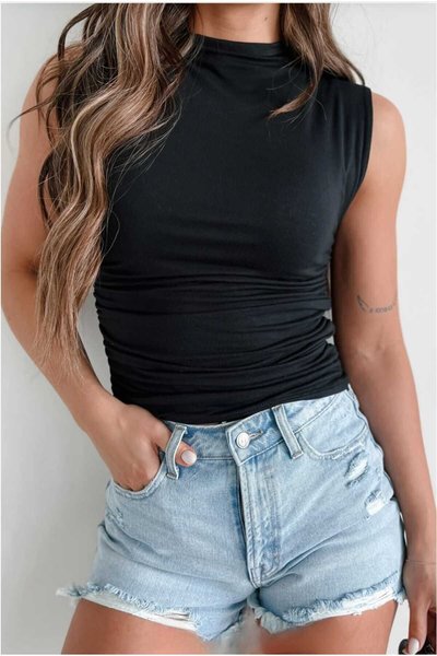 Turtleneck Stretchy Seamless Ruched Side Blouse - Black