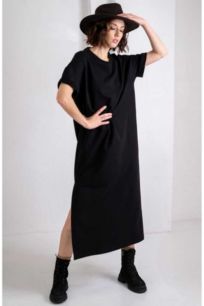 Loose Midi Short-Sleeved Crew-Neck Double-Slit Dress - Black