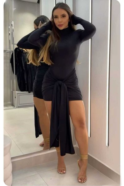 Mini Turtleneck Sandy Fabric Tie-Detail Dress - Black