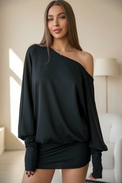 Mini Loose Fit Dropped Shoulder Asymmetrical Hem Dress - Black