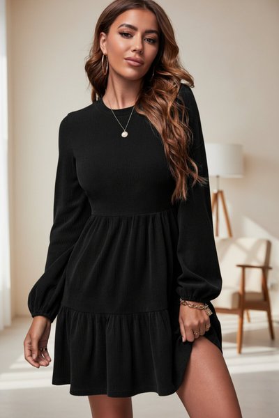 Mini Loose Bohemian Long-Sleeved Ruffled Dress - Black