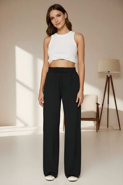 Oversize Relaxed Fit Wide Leg High Waist Stretchy Knit Sandy Pants - Black