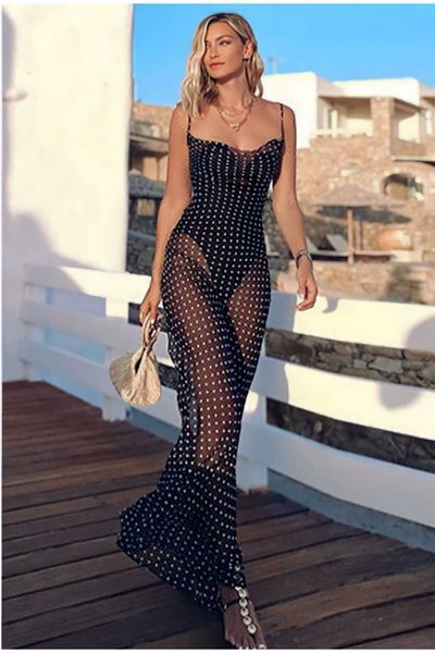 Long Beach Polka Dot Sheer Tulle Cowl Neck Dress - Black