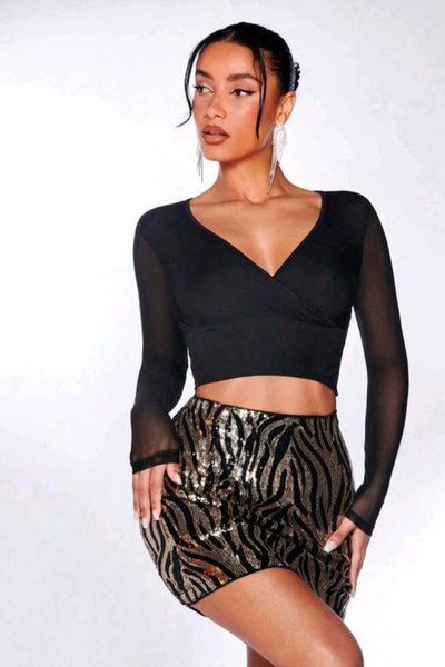 Wrap-Neck Sandy Tulle-Sleeve Blouse - Black