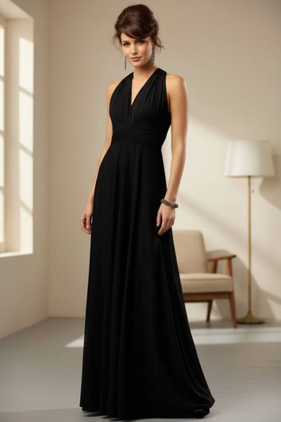 Long Flared Unique Tie-Collar Dress - Black