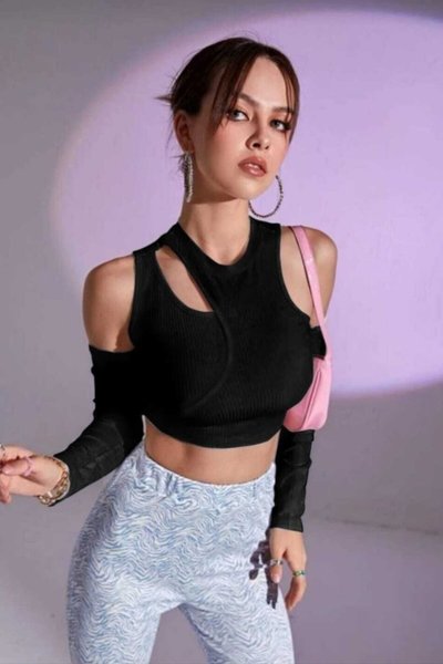 Asymmetric Cutout Detail Long Sleeved Crop Top - Black