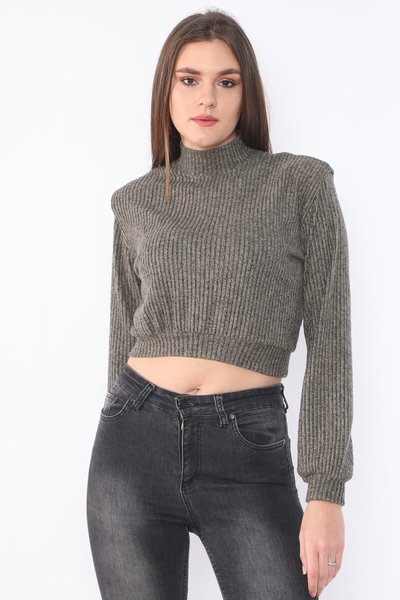 Kahve Crop Geniş Kesim Uzun Kollu Vatkalı Kalın Fitilli Yarım Balıkçı Yaka Sweatshirt