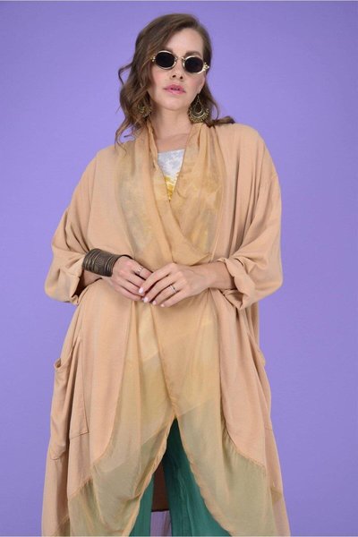 Açık Camel Oversize Italyan İpek Detaylı Bluz