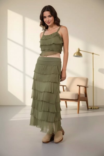 Long Italian Fit Layered Silk Slimming Skirt - Light Khaki