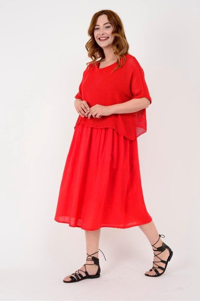 Midi Italian Muslin Linen Dress with Mesh Blouse Top - Red
