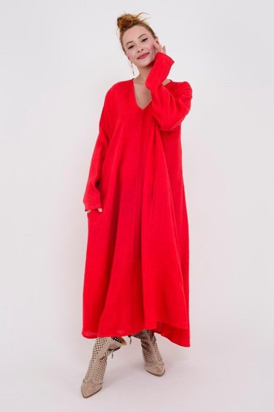 Long Sleeve Italian Linen V-Neck Dress - Red