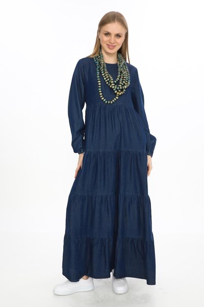 Modest Long-Sleeve Denim Front-Buttoned Dress - Navy Blue