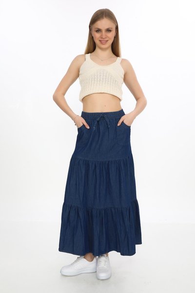 Long Enzyme Flounced Pocketed Skirt - Denim Blue