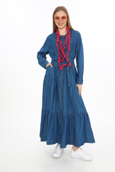 Long Sleeve Belted Front-Button Modest Dress - Blue
