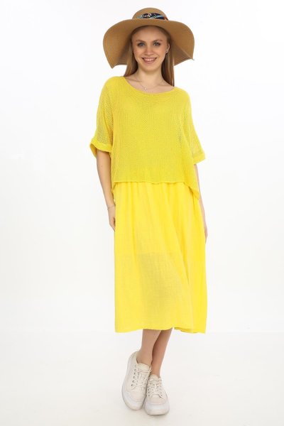 Midi Mesh Top Detail Italian Muslin Linen Dress - Yellow