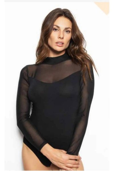 Siyah Uzun Kollu Balıkçı Yaka Transparan Bodysuit