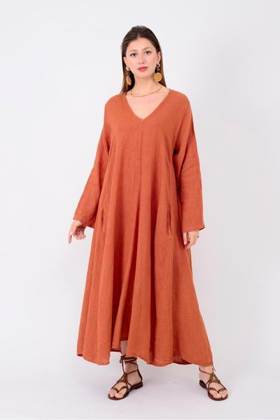 Long Sleeve Italian Linen V-Neck Dress - Cinnamon