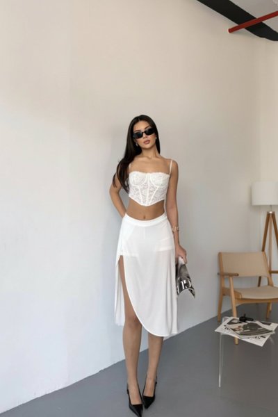 Slit Skirt with Inner Shorts and Pockets - White