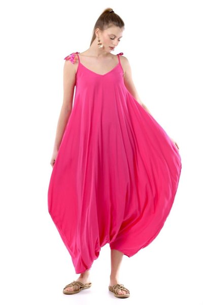 Fuşya Oversize Ayarlanabilir Omuz Askılı Eyes Tulum