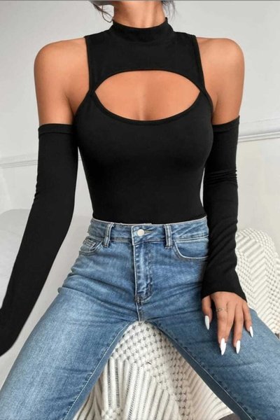 Knit Cold Shoulder Low-Cut Blouse - Black