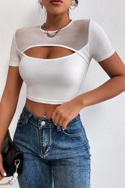 Short Sleeve Tulle Deep Neckline Crop Blouse - White