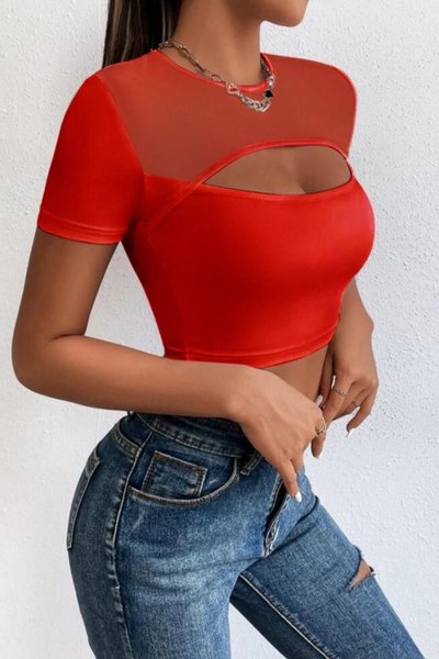 Short Sleeved Tulle-Detail Low-Cut Crop Top - Red