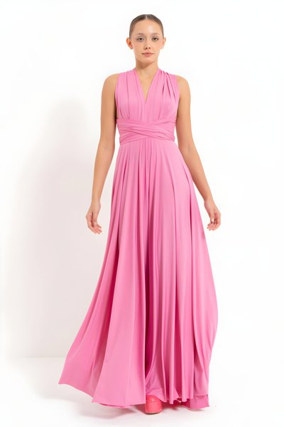 Long Pleated V-Neck Back-Cutout Evening Dress - Pink
