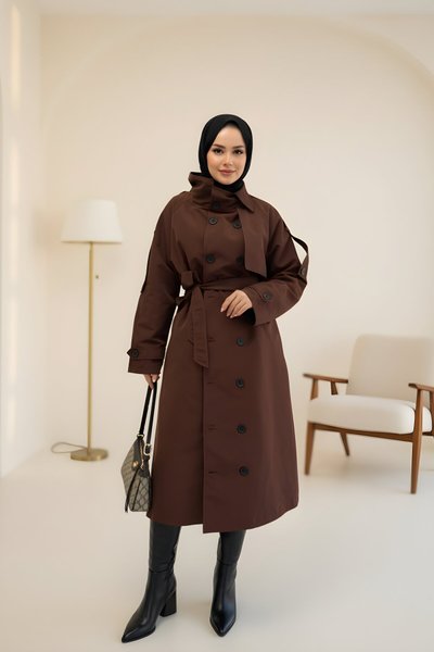 Stand-Collar Belted Trench Coat - Dark Brown