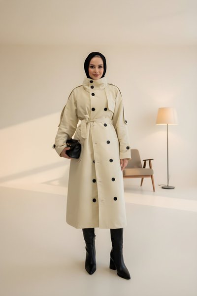 معطف ترنش بيج - ياقة قائمة - تفاصيل حزام