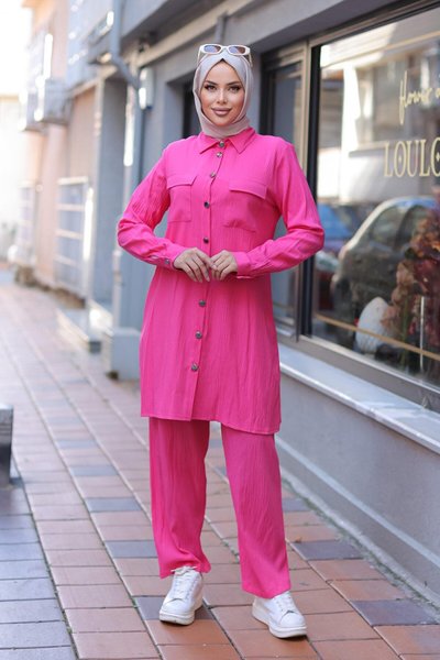Fuşya Tesettür Cep Detaylı İkili Takım