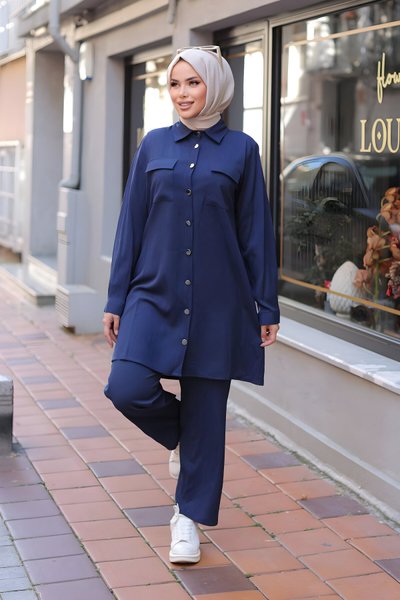 Lacivert Tesettür İkili Cep Detaylı Takım