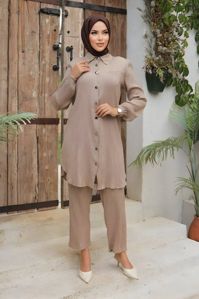 Modest Gathering Detail Two-Piece Set - Taupe