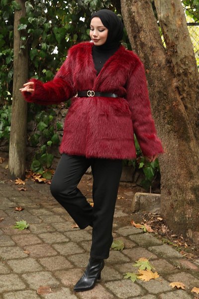 Bordo Kemerli Kürklü Tesettür Ceket