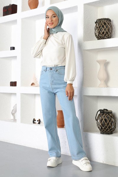Açık Mavi Kot Taş Detaylı Tesettür Pantolon