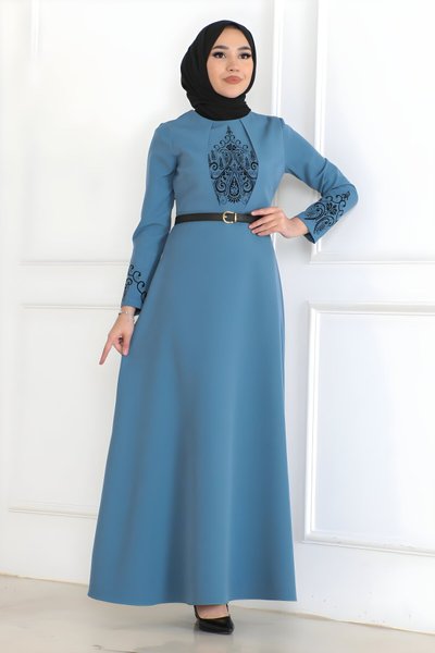 Modest Belt-Detail Dress - Baby Blue