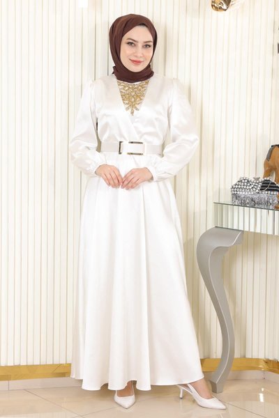 Beyaz Saten Taş Detaylı Tesettür Abiye Elbise