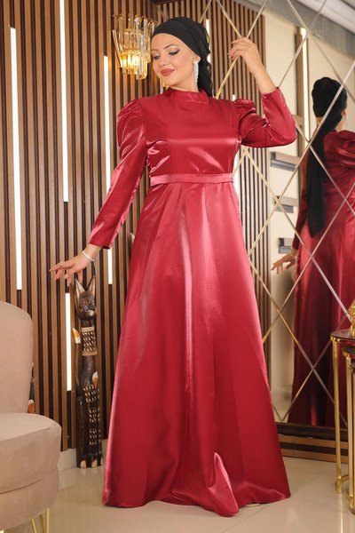 Bordo Büyük Beden Omuz Büzgülü Tesettür Abiye Elbise