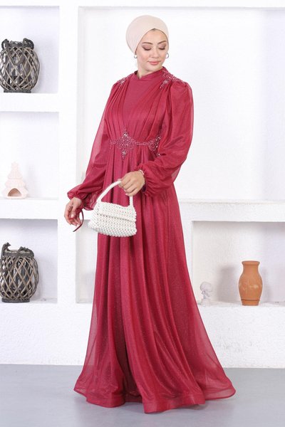 Bordo Dantelli İncili Simli Tesettür Abiye Elbise