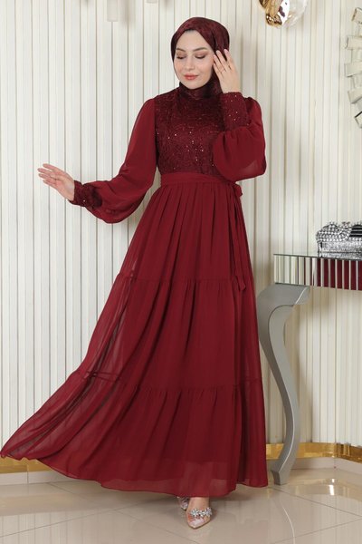 Bordo Şifon Pulpayetli Tesettür Abiye Elbise