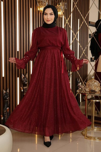 Bordo Simli Şifon Taş Detaylı Tesettür Abiye Elbise