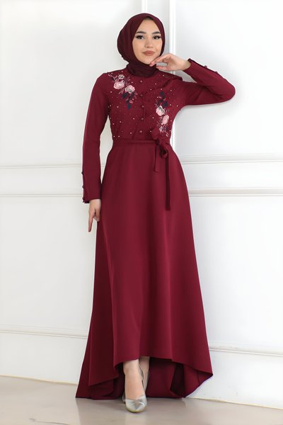 Modest Embroidered Detail Evening Dress - Burgundy