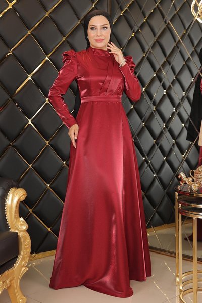 Bordo Tesettür Göğsü Drapeli Abiye Elbise